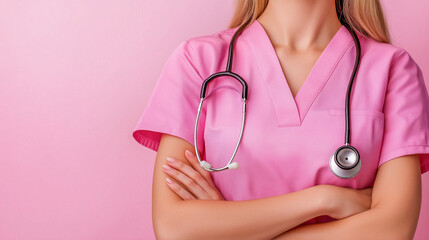 Female doctor with stethoscope on the pink background