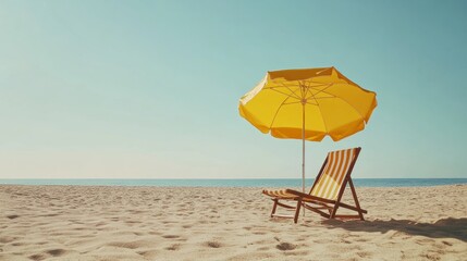 Relaxing beach setup with a striped deck chair and yellow umbrella casting shade on golden sand under a clear blue sky