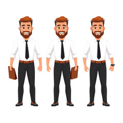 Three animated businessmen with beards and brown hair stand confidently, wearing white shirts, black ties, and dark pants, each holding briefcase