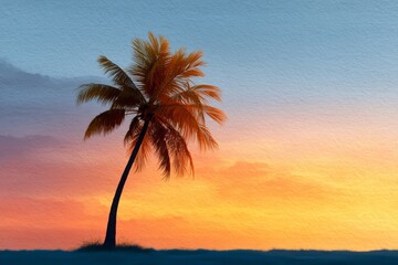 Sunset Over Water with Palm Tree Silhouette Against Colorful Sky at Dusk