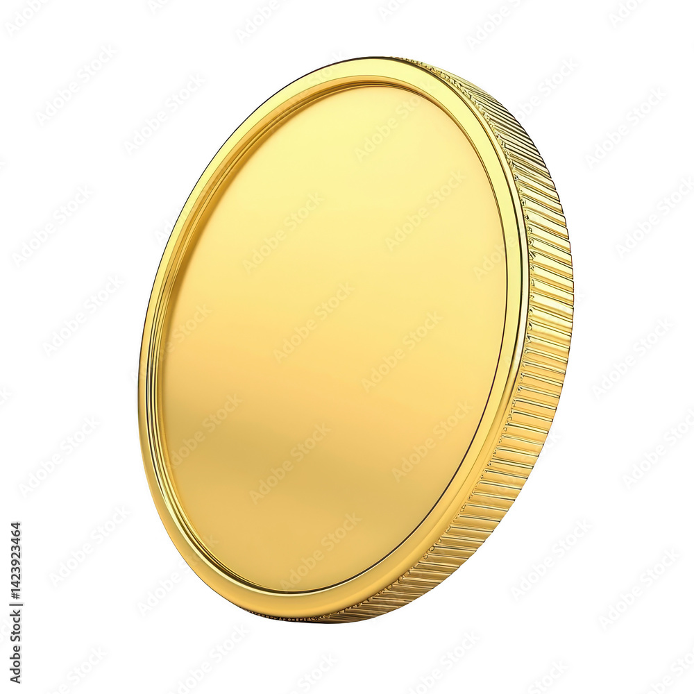 Poster shiny gold coin with smooth surface and ridged edges is depicted against transparency background, sy