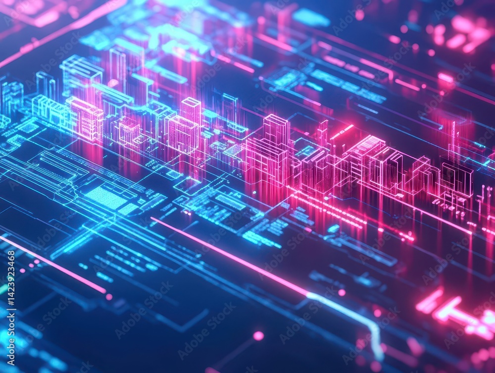 Poster intricate computer circuitry with glowing red and blue lights illuminating the complex connections i