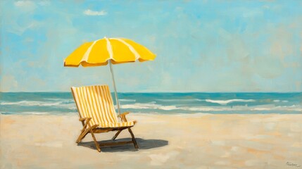 Seaside solitude: one striped chair and yellow umbrella on wide sandy beach under bright sun
