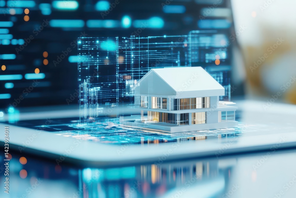 Poster innovative model house displayed on modern laptop symbolizing technology integration in architecture