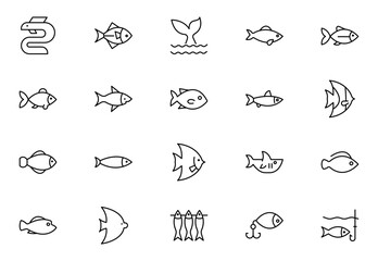 Obraz premium Fish line icon set. Sea creatures line icon set. Maritime concept. Shell, turtle, fish, whale. Vector illustration
