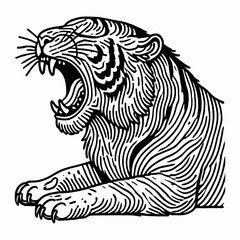 Roaring Tiger Black and White Illustration, Decorative Wild Animal with Open Mouth.