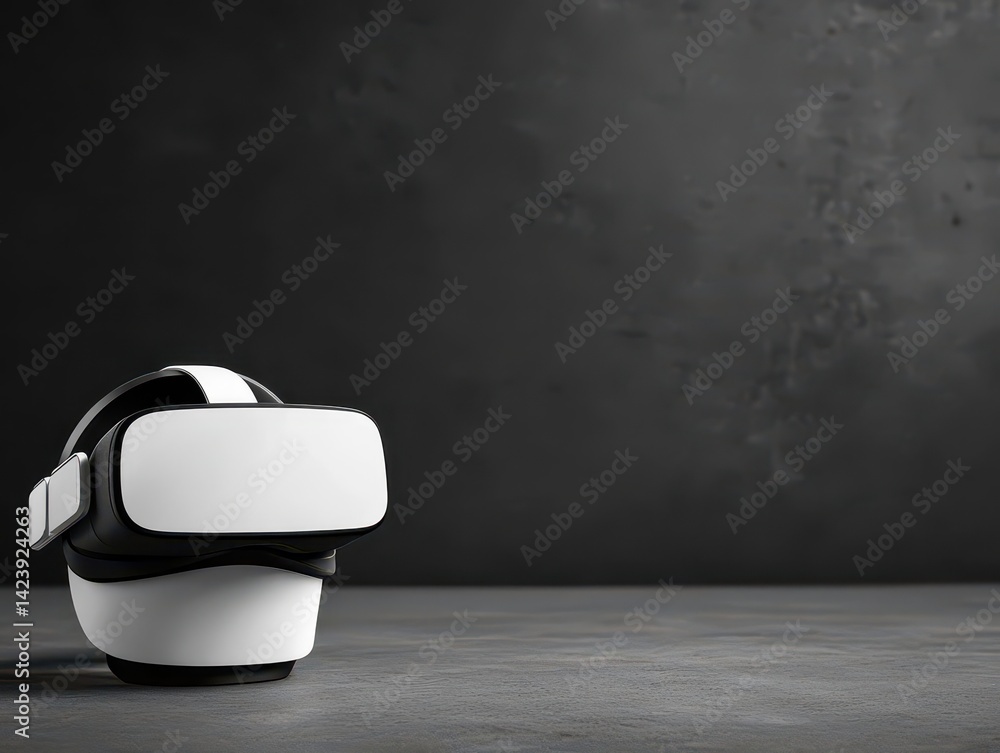 Poster sleek white virtual reality headset resting on a modern table surrounded by soft ambient light creat
