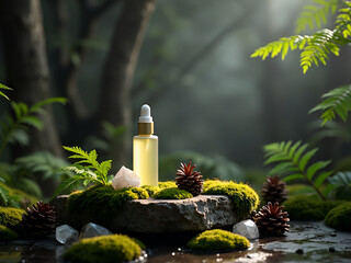 Natural elixir presentation amidst lush moss and forest backdrop serenity