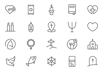 Religious line Icon Set. A meaningful collection of icons representing various faiths and beliefs, perfect for enhancing educational