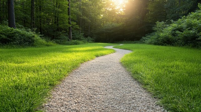A serene winding path meanders through a lush landscape, bathed in golden sunlight, creating a captivating atmosphere for exploration and tranquility in nature.