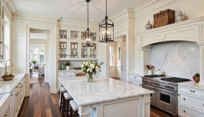 Elegant kitchen interior with marble countertops and white cabinetry