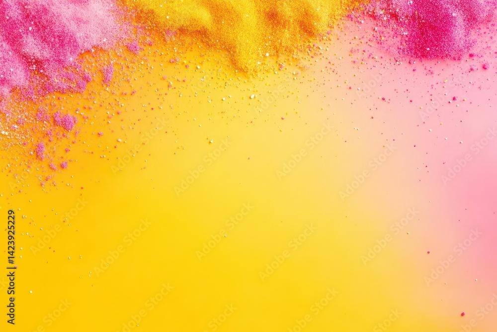 Poster vibrant yellow and pink background with a generous spread of colorful powder creating a playful and 