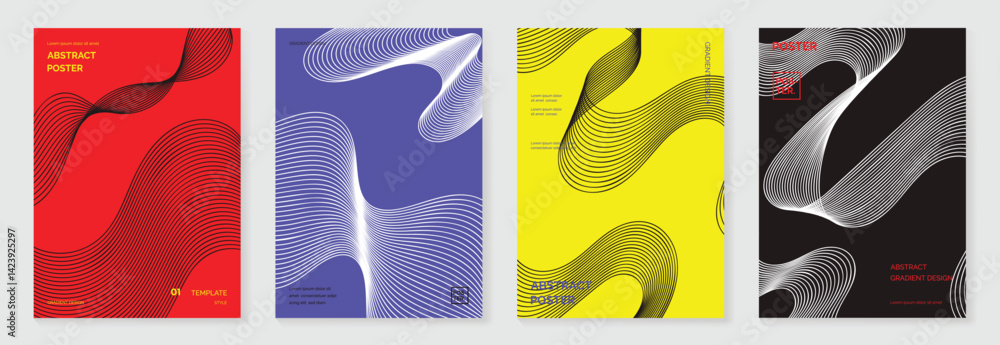 Poster abstract line wave gradient poster background vector set. cover template with vibrant perspective li