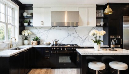 Modern Elegant Kitchen in Black and White with Marble and Brass Accents for