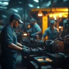 A smiling Hispanic man in a black leather jacket works in the industry alongside people and vehicles