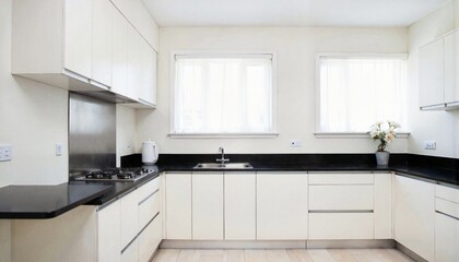 Minimalist White Kitchen with Black Countertops Showcasing Clean Modern Design 