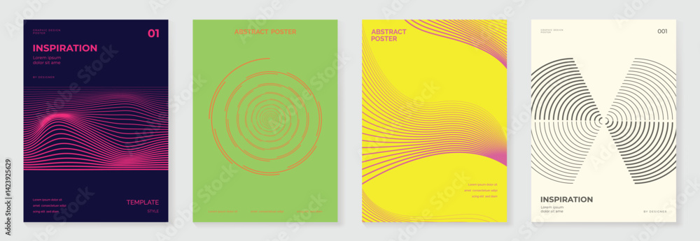 Poster abstract line wave gradient poster background vector set. cover template with vibrant perspective li