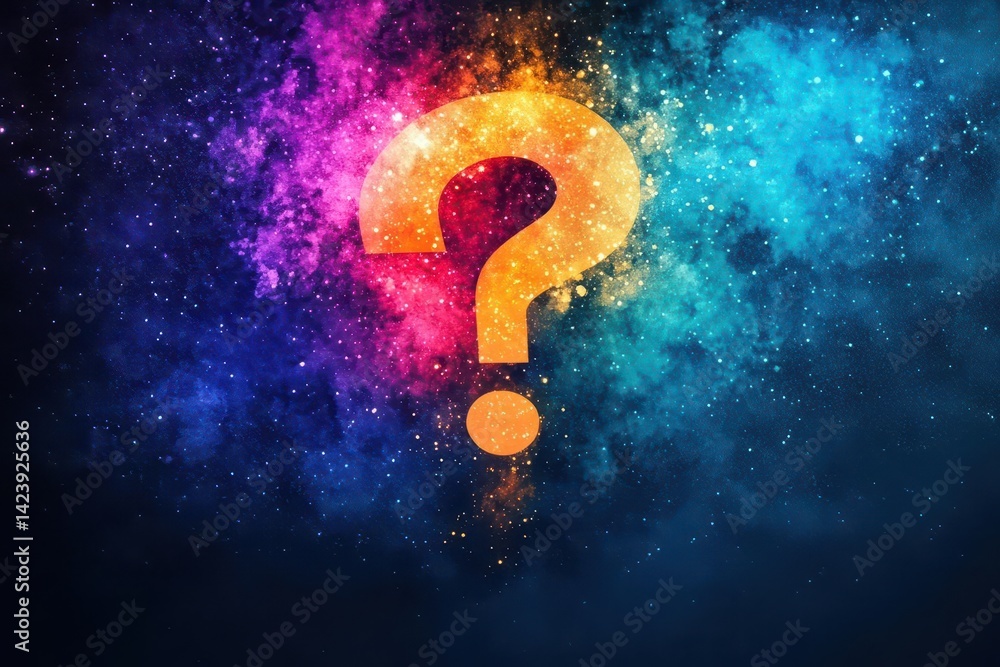 Poster intriguing abstract composition featuring bold question mark shape in vivid colors against a smooth 