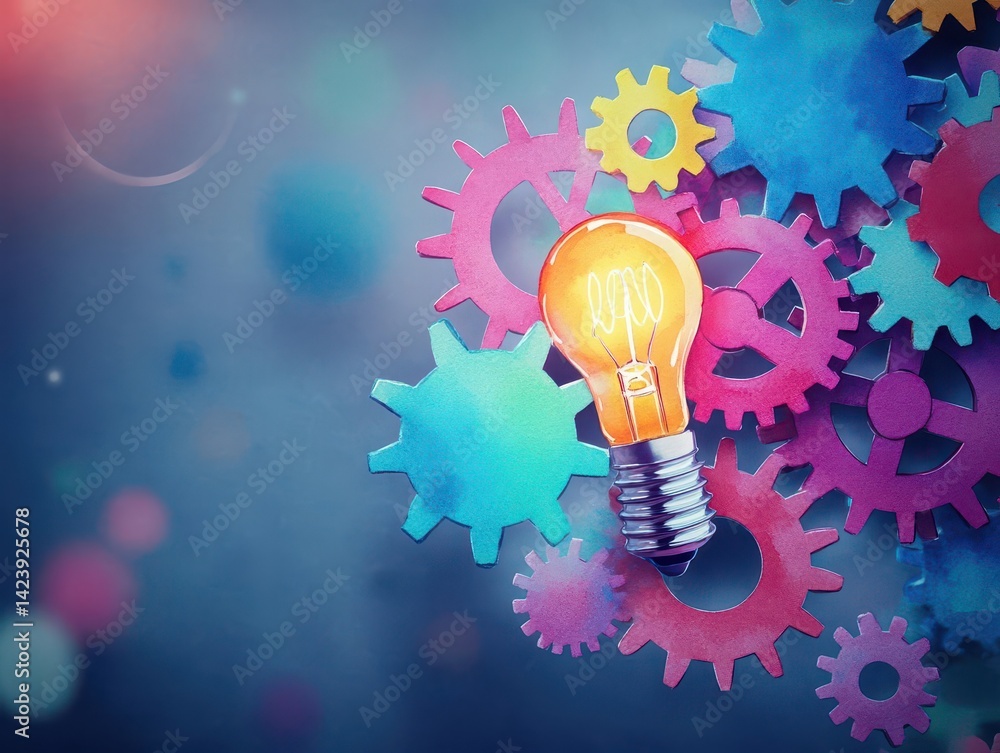 Aufkleber illuminating light bulb surrounded by vibrant colorful gears symbolizing creativity innovation and i
