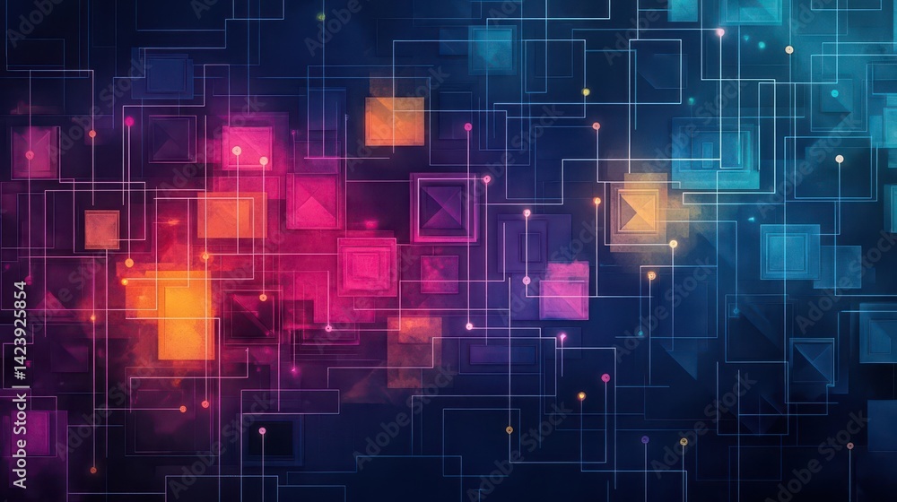 Poster vibrant colorful abstract background featuring intersecting squares in vivid hues creating a dynamic