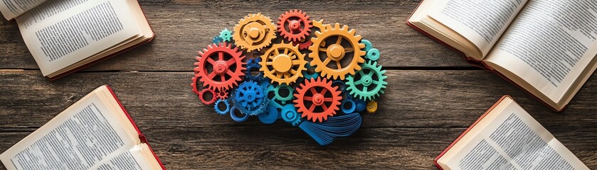 Colorful brain with gears turning inside, surrounded by open books, symbol of intellectual creativity, learning, and innovationdriven growth