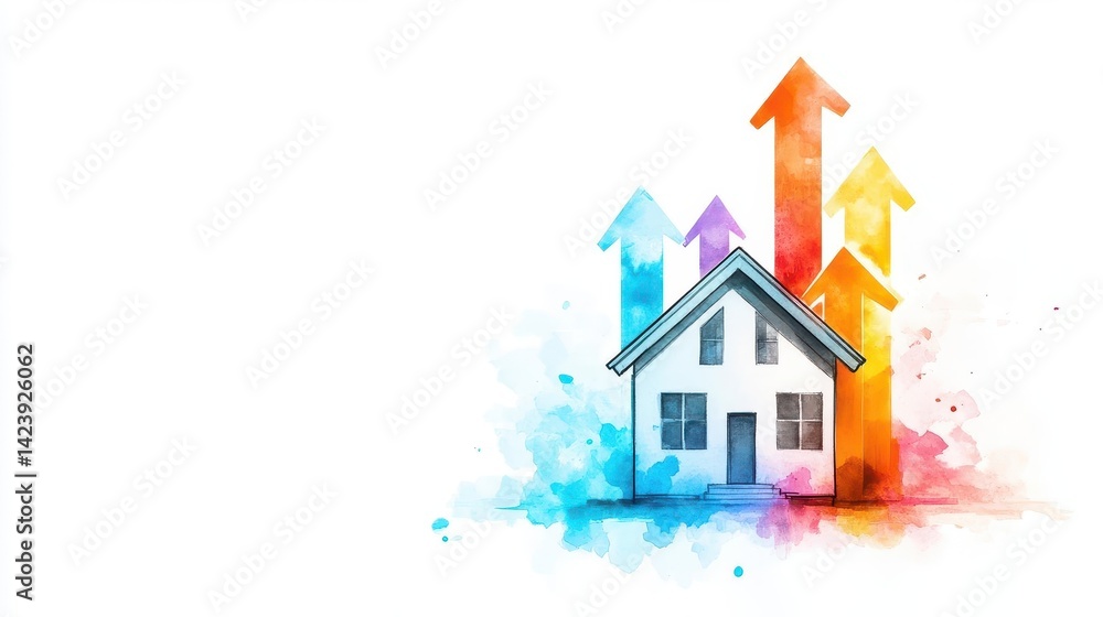 Poster a unique house surrounded by colorful arrows pointing in various directions creating a dynamic and p