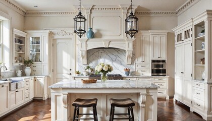 Elegant Transitional Kitchen with Hanging Lanterns in Bright Airy Tones Representing Luxury and Warmth