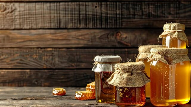 Jars of honey wrapped in burlap sit on a rustic table, showcasing the rich colors of natural honey and nearby honeycombs