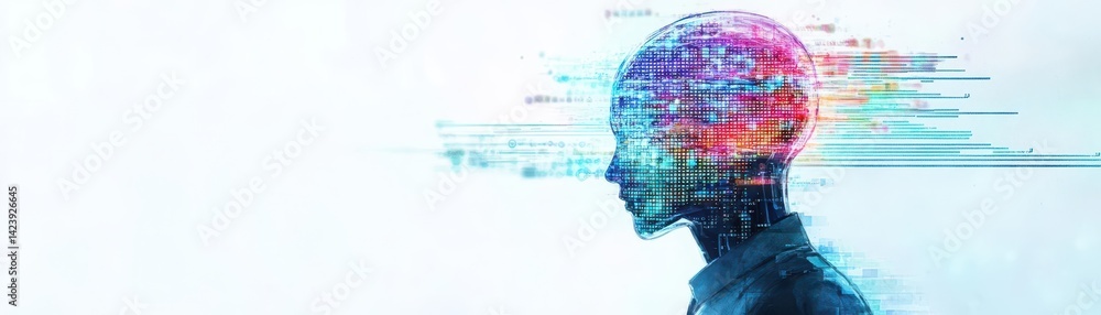Poster Man's Head Surrounded by a Futuristic Digital Interface Displaying Data and Graphics Creating an Innovative and Technologically Advanced Atmosphere