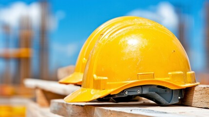 Yellow Hard Hats on Wooden Planks at Construction Site