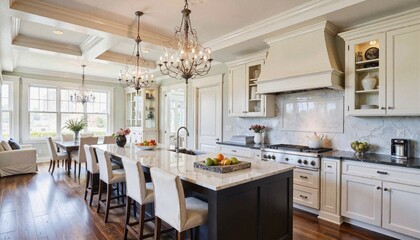 Spacious Elegant Kitchen in White with Chandeliers for Luxurious Home Interior