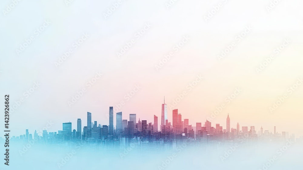 Aufkleber mysterious city skyline emerging from thick fog at dawn with soft light creating a dreamy and enigma