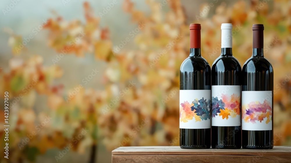 Poster Elegant Display of Two Wine Bottles Resting on a Rustic Wooden Table Surrounded by Natural Light Creating a Warm Inviting Atmosphere for Gatherings