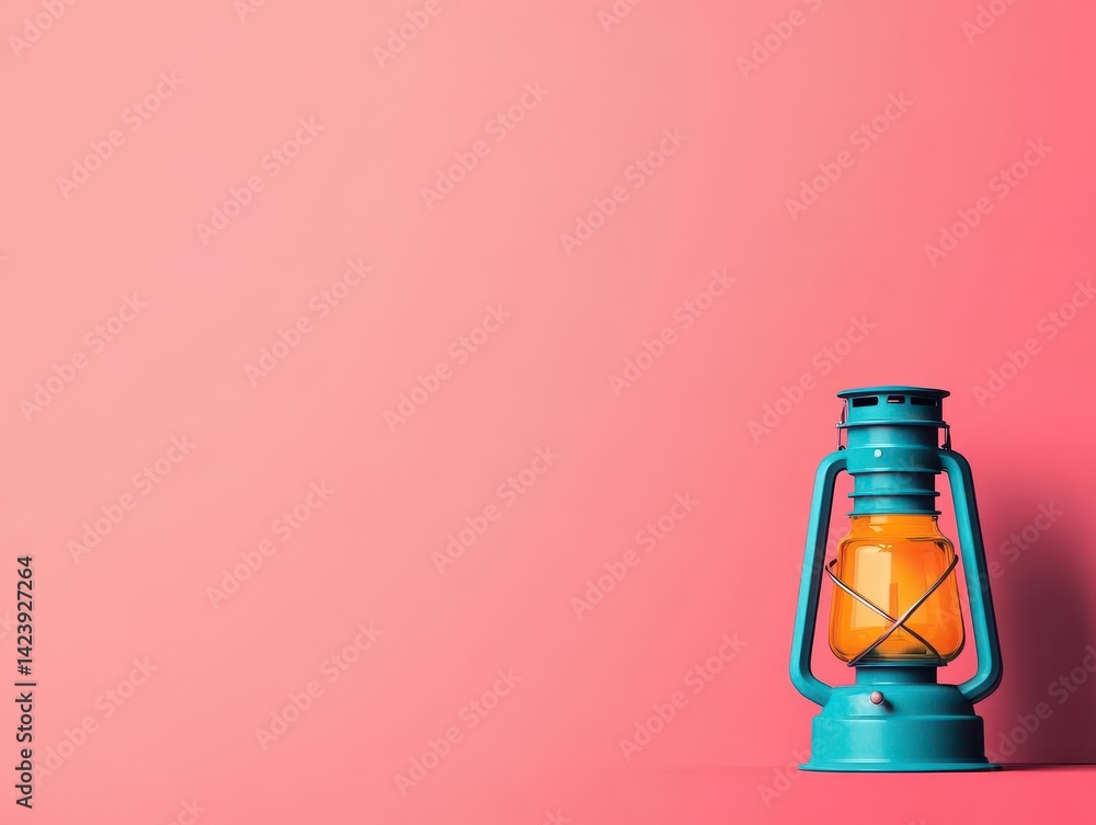 Poster a vibrant blue lantern illuminating against a soft pink background creating a playful and whimsical 