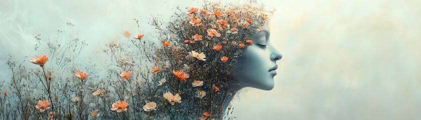 Creative portrait with flowers growing from the mind, symbol of inner peace, positive mental energy, and wellness, soft neutral background