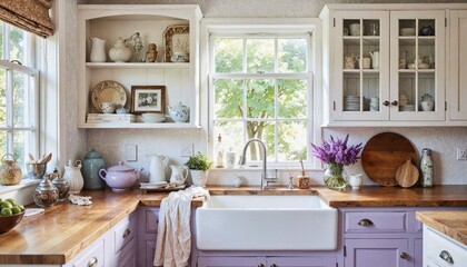 Charming Lavender Farmhouse Kitchen in Purple and Wood for Cozy Country Living