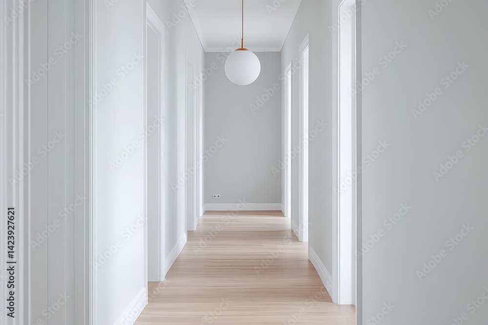 Poster bright and inviting long hallway with elegant white walls warm wooden floors and soft light creating