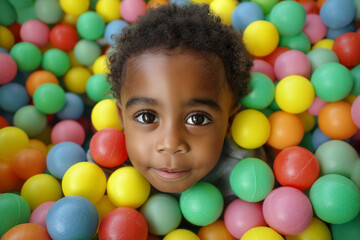 African American Boy Playfully Diving in a Colorful Ball Pit