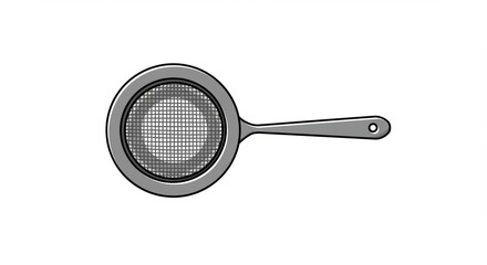 Monochrome Kitchen Tool: Metal Mesh Strainer with Handle, Top View, Isolated.
