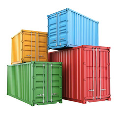 Colorful shipping containers stacked in balanced arrangement, featuring blue, red, green, and yellow units. These containers are commonly used for transporting goods across various distances