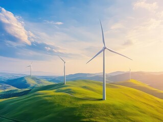 Fototapeta premium Wind Turbines Gracefully Spinning on Lush Green Hill Under Clear Blue Sky Creating a Sustainable Energy Landscape in a Serene Natural Environment