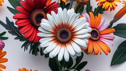 Vibrant Gerbera Daisy Flowers In Red White And Orange Close Up Arrangement
