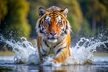 Obraz premium Majestic Siberian tiger charging through water in dense taiga forest, dynamic 3D illustration of apex predator in action, generative AI