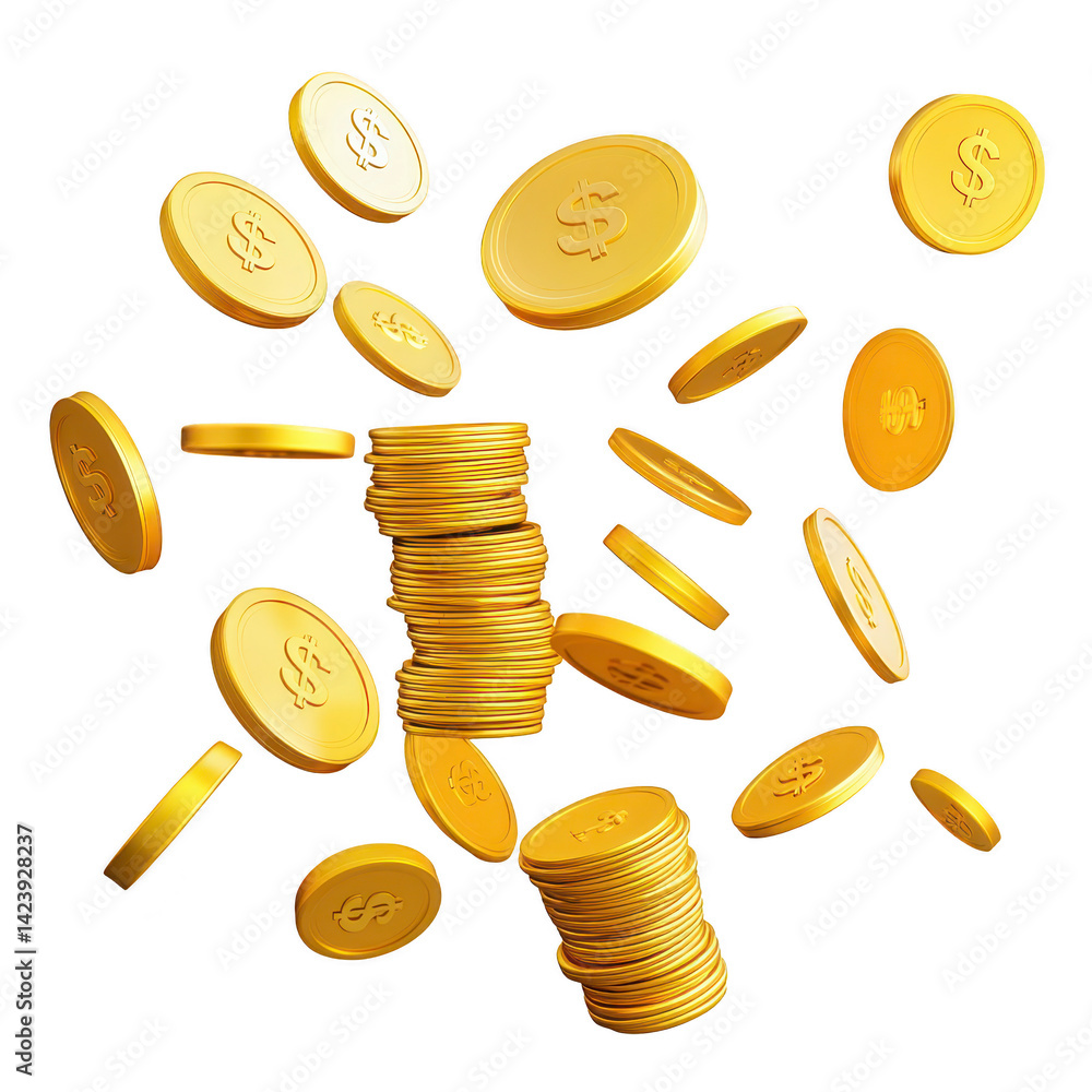 Poster golden coins with dollar signs are scattered and stacked, creating dynamic and lively scene. shiny c