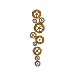 vertical arrangement of variously sized, interconnected gears transparency background, showcasing intricate mechanical design and industrial aesthetics. gears are metallic with rusty appearance