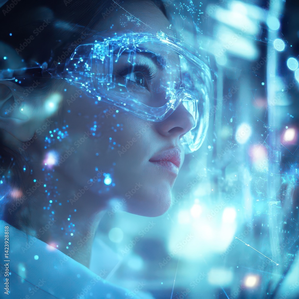 Poster futuristic woman in high-tech suit engaged with advanced digital interface surrounded by neon lights