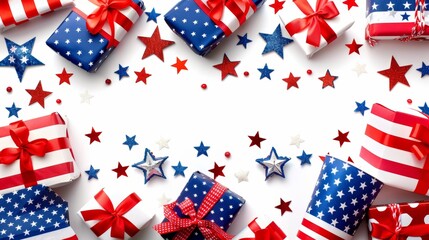 Obraz premium Symbols of independence day flag, stars and stripes on souvenirs against a bright white background