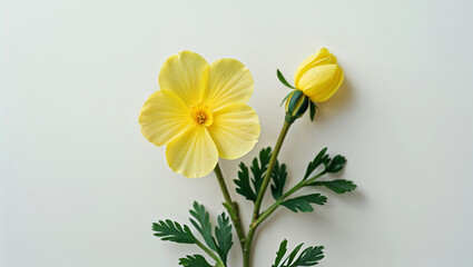 Delicate Hairy Buttercup Blossom And Bud With Lush Green Leaves On White