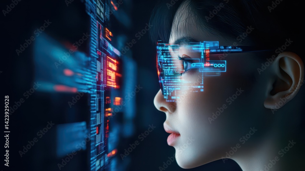 Poster woman engaged with advanced computer screen displaying futuristic technology elements in a modern wo