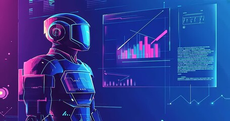 Futuristic robot analyzing data in a vibrant setting